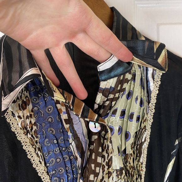 Y2K S Small Mesh Artsy Art To Wear Satin Button Down Shirt Blouse Top Pintuck - Picture 3 of 4